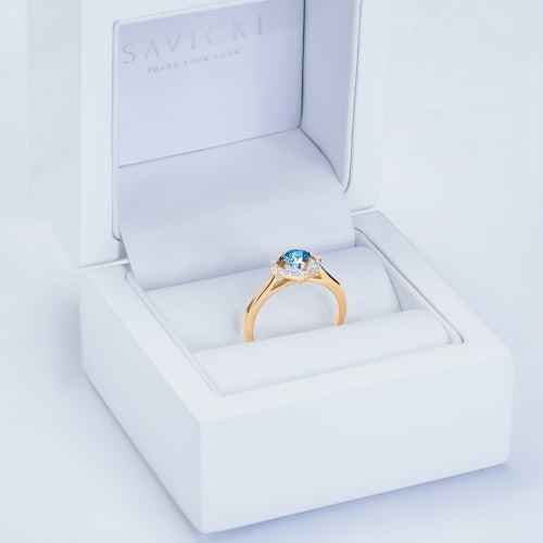 Pierścionek zaręczynowy serce SAVICKI: dwukolorowe złoto, topaz, diamenty